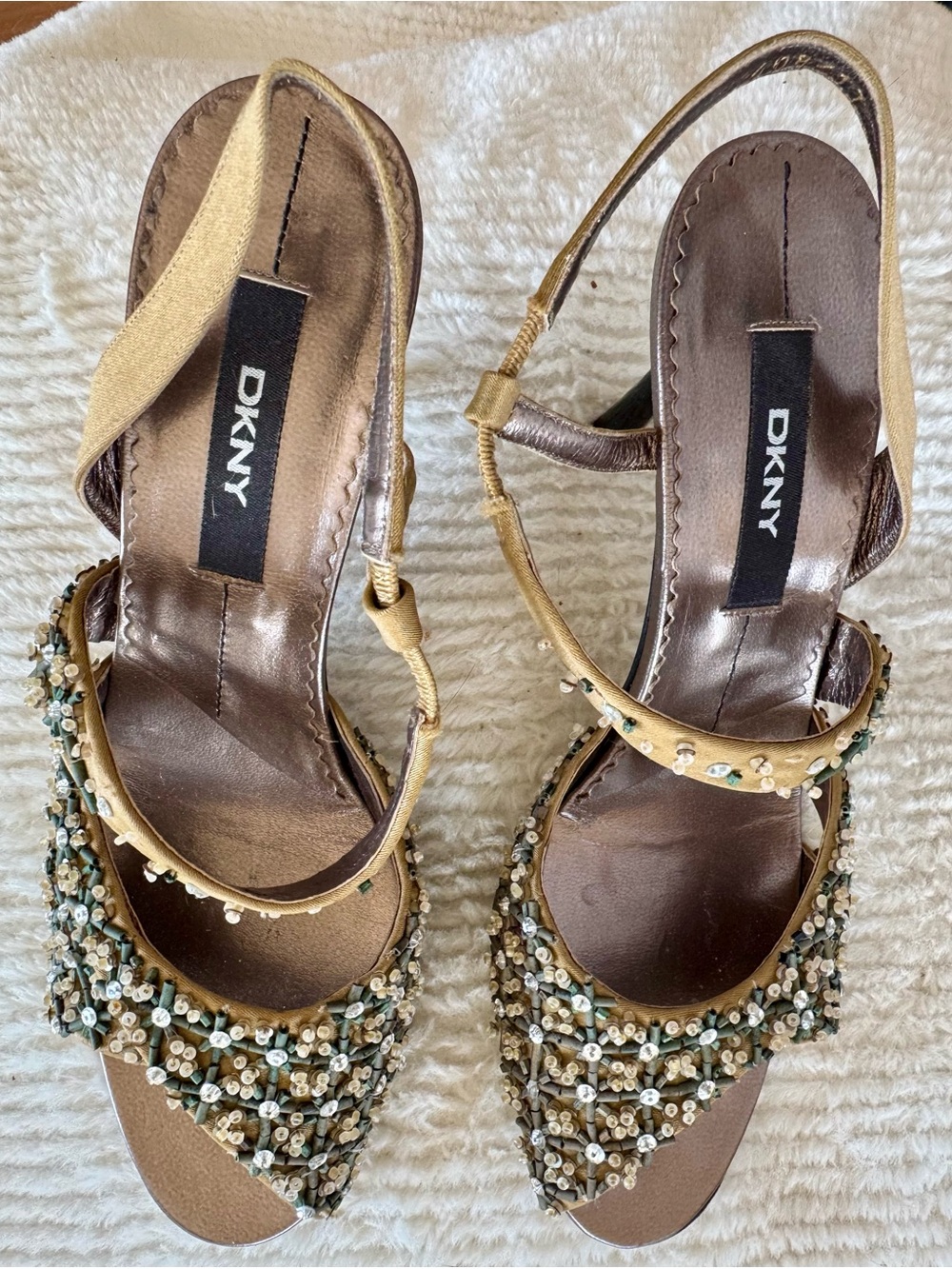 DKNY Gold Beaded T-Strap Embellished Heels